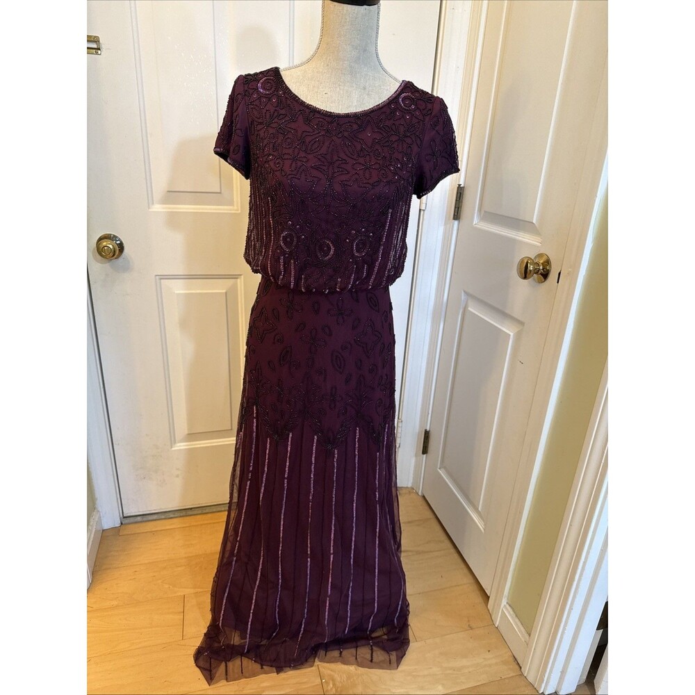 WHIMSIGOTH GOWN adriana Papell Size 6 gown Beaded Short Sleeve Maroon Maxi dress